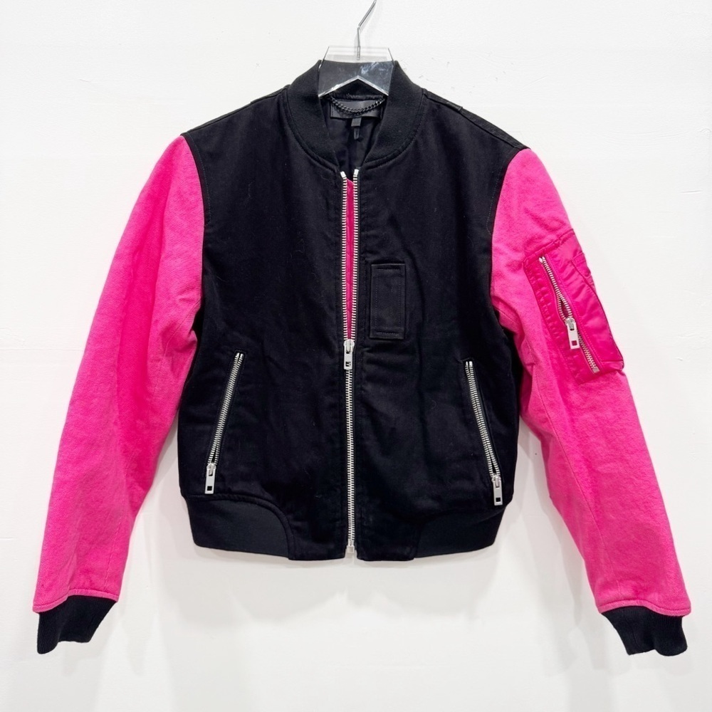 Rag & Bone Dani Cotton Denim Bomber Jacket Hot Pink Sleeve Size XS